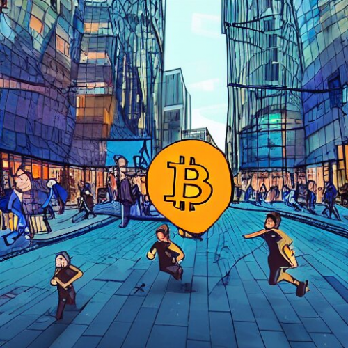 Bitcoin, Blue Buildings Cartoon